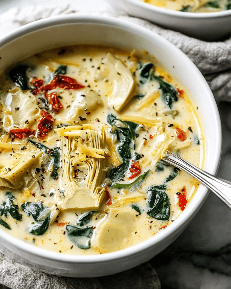 A close-up of a white bowl filled with creamy soup, showing layers of thick, pale yellow broth with visible pieces of artichoke hearts that are light green with textured layers, scattered dark green spinach leaves, small red pieces of seasoning, and sprinkled coarse black pepper on top. A silver spoon rests inside the bowl on the right side, and the bowl is placed on a white marbled surface with some soft focus bread pieces in the background. photo taken with an iphone --ar 4:5 --v 7