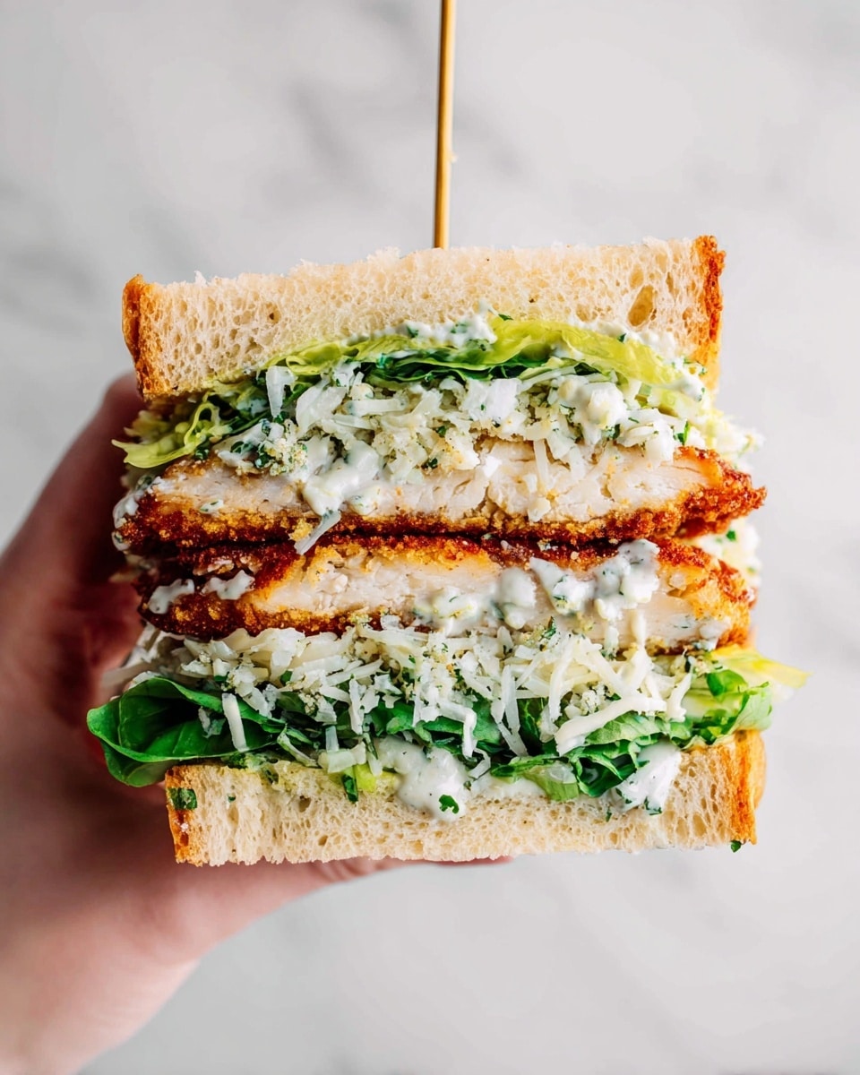 A close-up view of a sandwich held by a woman's hand against a plain light background, showing three main layers inside a soft, light brown bun. The top layer is fresh green leafy lettuce mixed with creamy white dressing and sprinkled with finely grated white cheese. The middle layer is a thick piece of golden-brown breaded chicken with a crispy outside and white inside, also topped with some grated cheese. The bottom layer has another piece of breaded chicken, resting on more green lettuce and white grated cheese at the base. The sandwich is held together with a thin metal skewer. Photo taken with an iphone --ar 4:5 --v 7