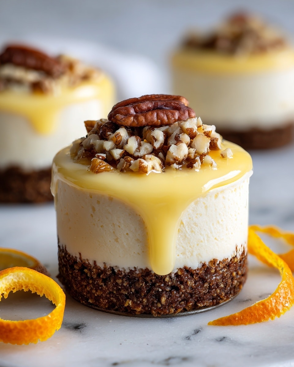 The image shows a small round cheesecake with three clear layers: a thick, crumbly dark brown base at the bottom, a smooth and creamy white middle layer of cheesecake, and a glossy, pale yellow sauce dripping down the sides from the top. On top of the sauce, there is a small pile of chopped nuts and one larger nut piece adding texture and color. The cheesecake sits on a white marbled surface, with an orange peel spiral nearby and a blurred second cheesecake in the background. Photo taken with an iphone --ar 4:5 --v 7