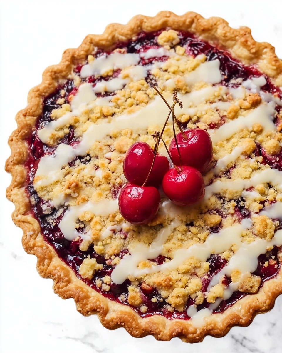 A round cherry pie with a golden-brown crust forms the base, filled with a deep red, glossy cherry filling visible beneath a layer of light golden crumb topping that is crumbly and uneven. Drizzled white glaze adds a shiny contrast over the crumble, and three fresh, shiny cherries with green stems sit in the center on top, making a bright focal point. The pie rests on a white marbled surface. photo taken with an iphone --ar 4:5 --v 7