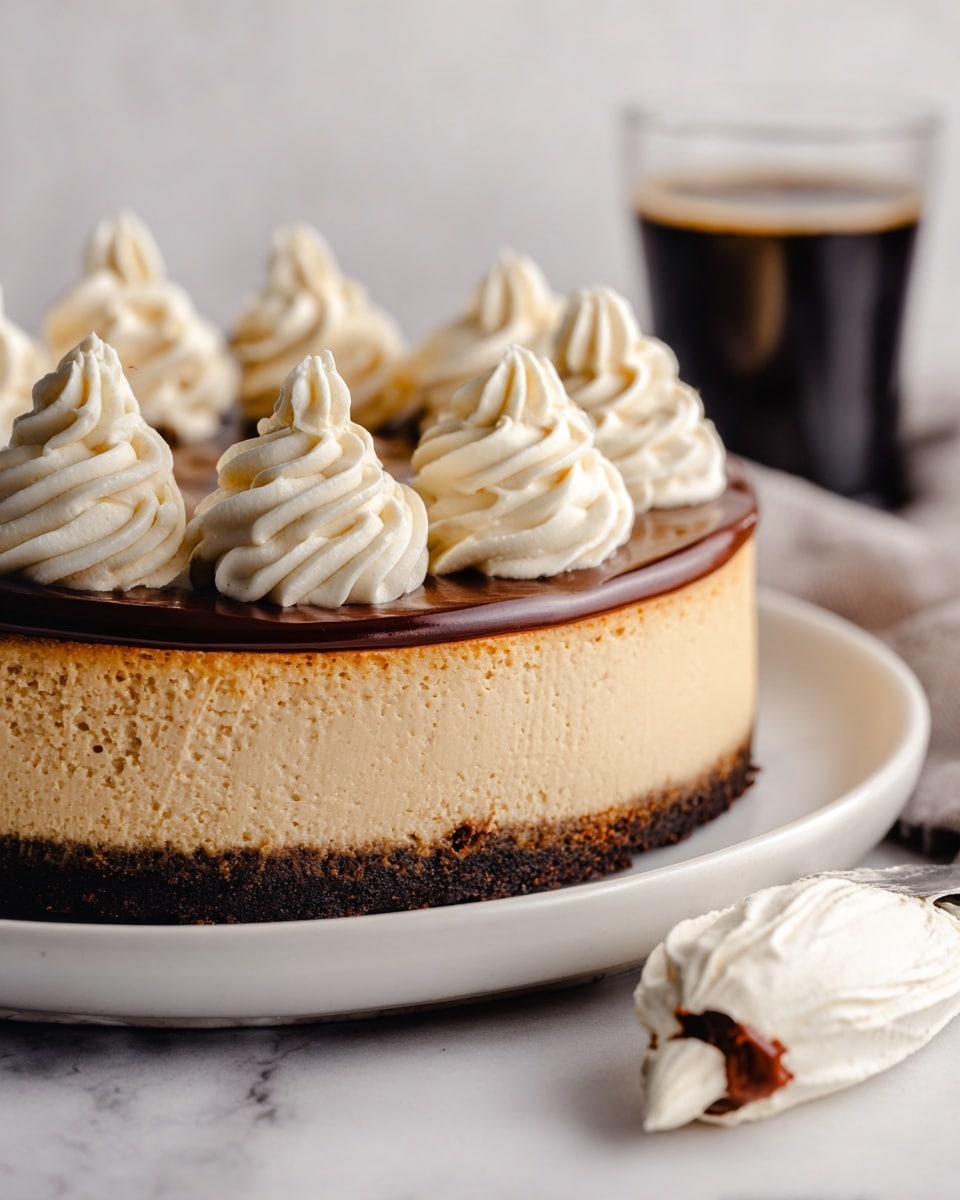 The image shows a close-up of a three-layered cake on a white plate, sitting on a white marbled surface. The bottom layer is a dark brown crumb base, the middle layer is a thick light brown creamy filling with a smooth texture, and the top layer is a thin, shiny dark chocolate glaze. On top of the glaze, there are evenly spaced swirls of light beige whipped cream, giving texture and height to the cake. In the background, there is a clear glass cup filled with black coffee, and in the foreground, a piping bag with cream is slightly out of focus. photo taken with an iphone --ar 4:5 --v 7
