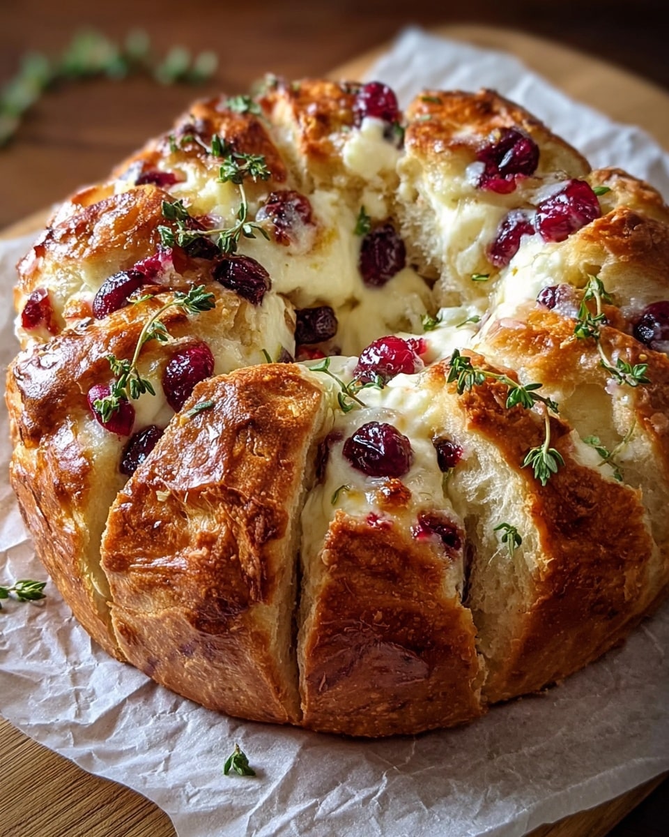 A round loaf of bread with a shiny, golden-brown crust that is thick and slightly crispy. The top is slashed into sections revealing soft, fluffy white bread inside. Between the slashes, there are small dollops of white cheese and bright red berries, possibly cranberries, scattered on top. Sprigs of fresh green herbs are placed on the bread, adding a touch of color. The bread is placed on white parchment paper on a wooden surface with a natural wood grain pattern. Photo taken with an iphone --ar 4:5 --v 7