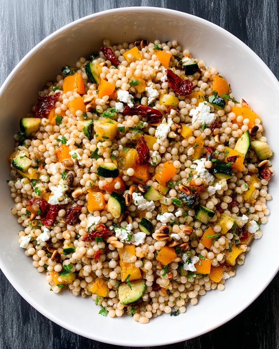A white bowl filled with a colorful couscous salad, showing a mix of small, round, pale grains as the main layer. Scattered evenly throughout are vibrant chunks of roasted orange and yellow bell peppers, red sun-dried tomatoes, and small pieces of green zucchini, adding bright color and texture. Crumbled white feta cheese is spread on top, along with toasted pine nuts and fresh green parsley leaves, creating a varied texture and a pop of green. The bowl sits on a white marbled surface, giving the image a clean look. Photo taken with an iphone --ar 4:5 --v 7