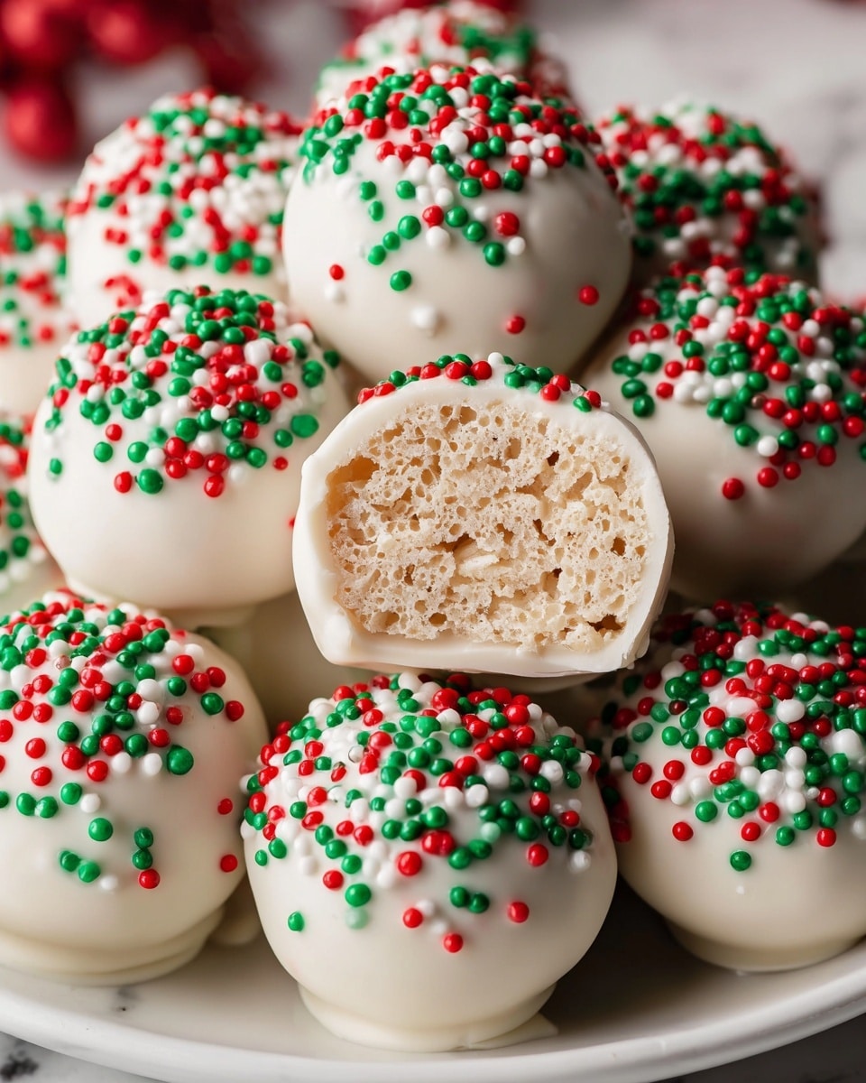 The image shows many round balls covered in smooth, glossy white coating with a crunchy texture inside, layered beneath by a light beige, airy, and crispy rice treat. Each ball is topped with small, round sprinkles in red, green, and white colors that cover the top half with a dense cluster. The balls are placed closely together inside a white bowl with red and green rim accents, resting on a white marbled surface. One ball is broken in half midway through the group to reveal the crispy rice inside. Photo taken with an iphone --ar 4:5 --v 7