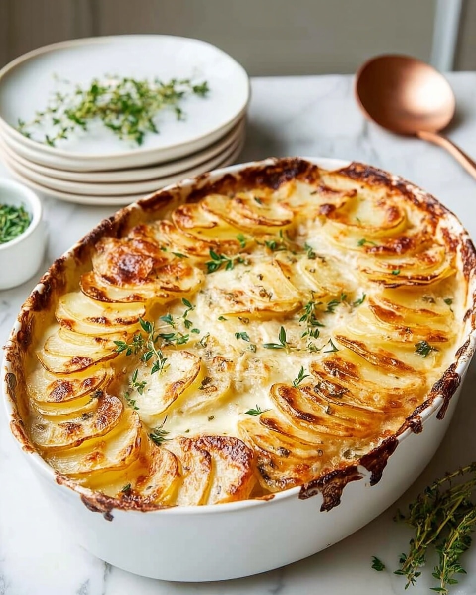 The dish is a baked potato gratin served in a white oval ceramic baking dish, filled with several layers of thinly sliced golden yellow potatoes arranged in an overlapping circular pattern. The top layer is browned and slightly crispy with a creamy cheese sauce visible in the spaces between potato slices, and small fresh green herb sprigs are scattered on top for garnish. The edges of the dish show browned bits where the cheese has caramelized. The background is a white marbled surface with a stack of white plates and silver forks in soft focus, along with some green herbs blurred in the distance. A golden spoon sits near the front right corner of the image. photo taken with an iphone --ar 4:5 --v 7