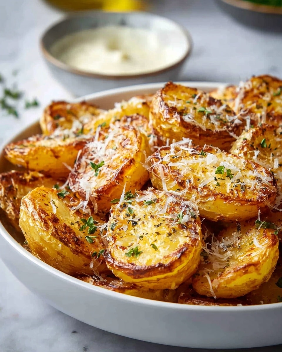A white bowl filled with round, halved roasted potatoes that have a golden-brown crispy skin and soft yellow inside. Each potato half is lightly sprinkled with finely grated white cheese and small green herb leaves, adding texture and a fresh look. The potatoes are piled up showing their browned edges and a few char spots for a rustic feel. The bowl is set on a white marbled surface, with a blurred white bowl in the background. photo taken with an iphone --ar 4:5 --v 7