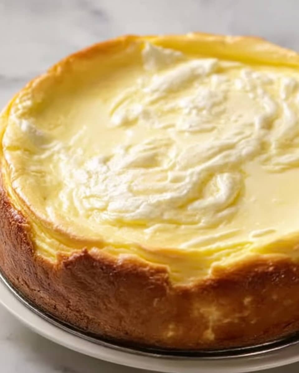 The image shows a close-up of a cheesecake with a golden brown crust that is thick and slightly crumbly around the edges. The top layer is smooth, creamy, and pale yellow, with slight swirls and a glossy texture, indicating a soft, rich filling. The cheesecake fills the whole white plate, sitting on a white marbled surface that adds a clean and fresh look to the image. Photo taken with an iphone --ar 4:5 --v 7