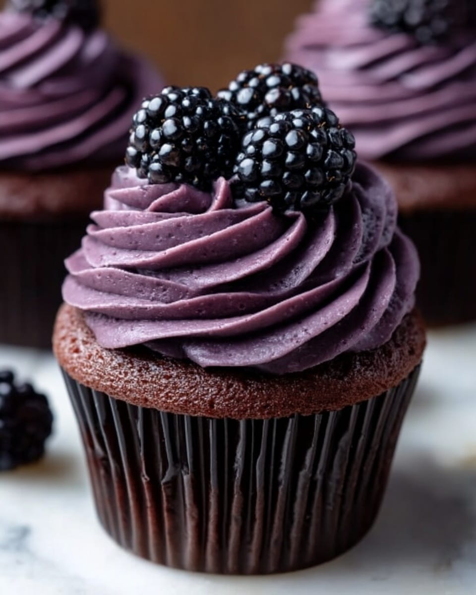 A close-up view of a dark chocolate cupcake with three blackberries placed on top of smooth, purple swirled frosting that has a creamy texture. The cupcake liner is dark brown, showing the rich color of the cake underneath the frosting. The background is a white marbled texture, softly blurred to keep focus on the cupcake. photo taken with an iphone --ar 4:5 --v 7