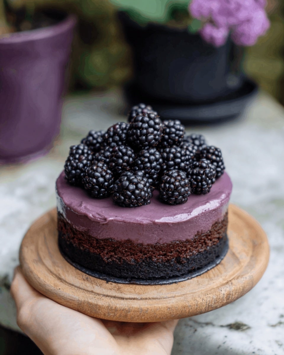 The image shows a small round chocolate cake on a round wooden board, placed on a white marbled surface. The cake has two distinct layers: a thick, dark chocolate base with a rough texture, and a smooth, thick layer of glossy purple frosting on top. The frosting layer is evenly spread and covers the whole top of the cake. On top of the frosting, there is a neat pile of fresh blackberries, adding a glossy, dark purple color and a bumpy texture that contrasts with the smooth frosting. In the background, there is a brown pot with purple flowers. Photo taken with an iphone --ar 4:5 --v 7