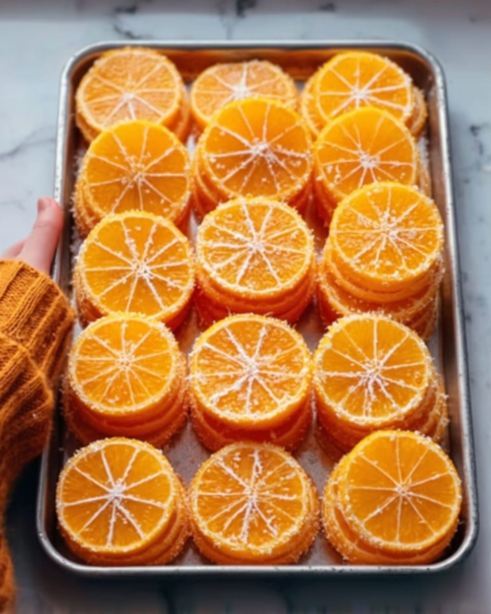 The image shows a tray full of small round orange desserts, each made of two bright orange layers with a smooth texture. On top of each dessert, there is a thin white icing design resembling a spider web spread across the surface. The edges of the orange layers are clean and slightly translucent, giving a fresh and glossy look. The tray is held by a woman's hand, placed over a white marbled background. The photo taken with an iphone --ar 4:5 --v 7
