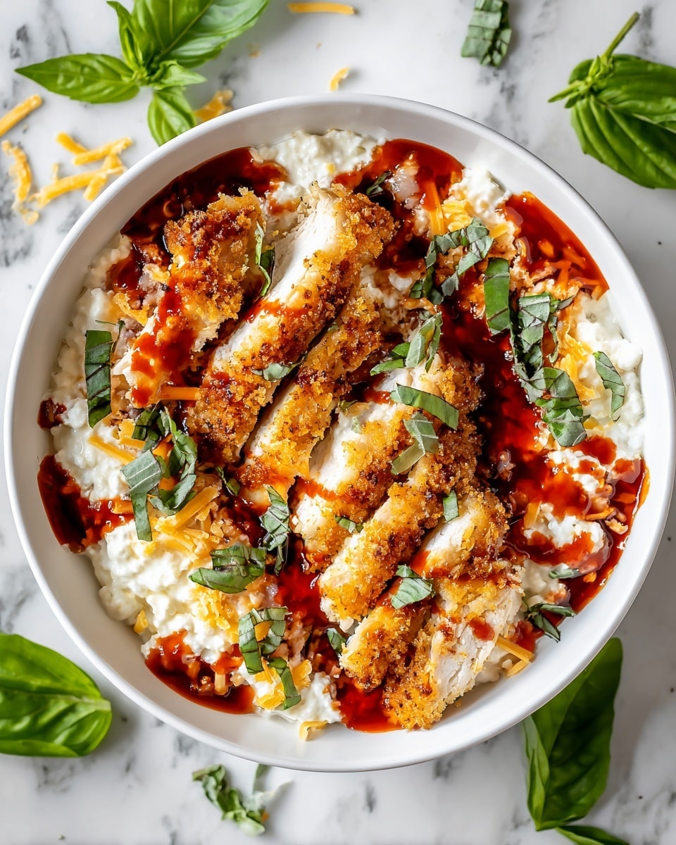 A white bowl sits on a white marbled surface, filled with three thick slices of breaded chicken arranged side by side in the center. The chicken's golden crispy crust covers the outside, while the inside is white and tender. Underneath the chicken is a creamy cottage cheese layer with a soft, lumpy texture. Bright red sauce is drizzled over the chicken slices and the cottage cheese, pooling gently around the edges. Thinly shredded pale yellow cheese is sprinkled lightly on top of the chicken. Fresh dark green basil leaves and thinly sliced strips of basil are scattered over the top and around the bowl, adding a fresh, vibrant look. Photo taken with an iphone --ar 4:5 --v 7