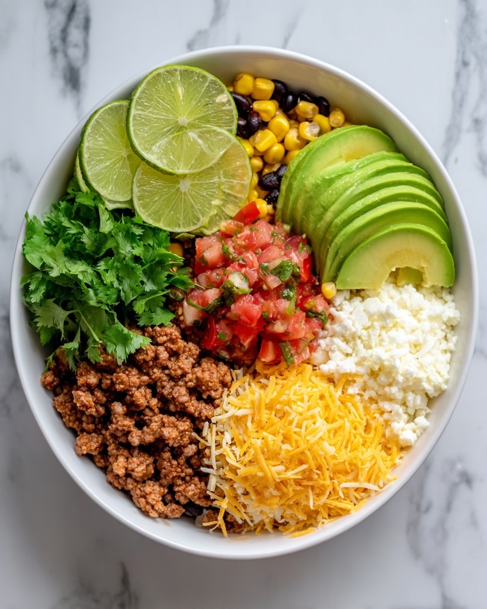 A white bowl filled with six distinct layers arranged in sections: at the top left, two lime halves with bright green skin and juicy light green flesh rest next to dark green fresh cilantro leaves; to the right, a pile of white crumbly cheese; below the cheese, a mound of fine bright orange shredded cheddar cheese; below that, smooth light green sliced avocado pieces layered neatly; next to the avocado, a fresh tomato salsa mix with red diced tomatoes and small green cilantro bits; and finally, the bottom left section contains a mix of cooked ground meat with black beans and yellow corn kernels. The bowl is placed on a white marbled surface. photo taken with an iphone --ar 4:5 --v 7