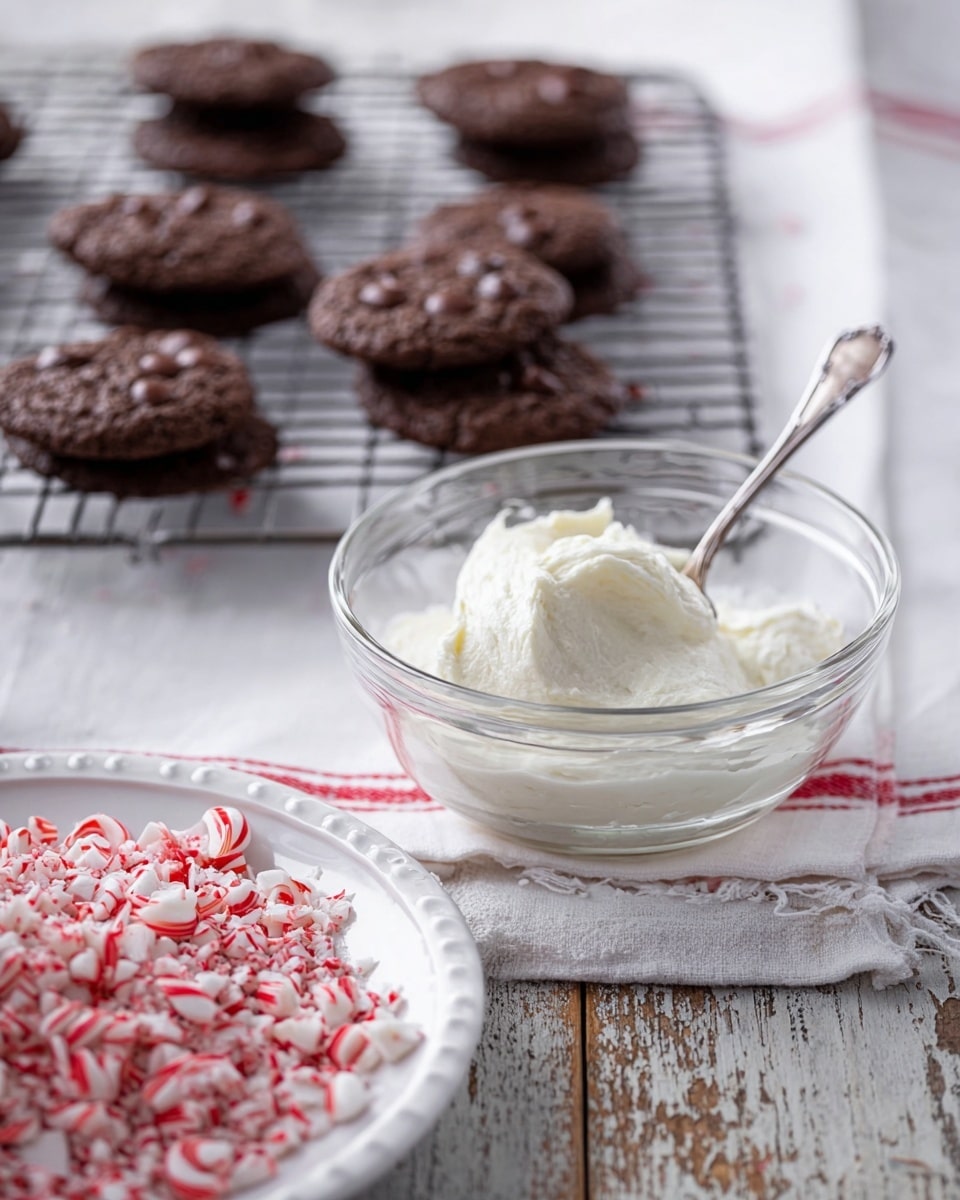 The image shows a clear glass bowl in the center filled with smooth white frosting, with a metal spoon inside it. Behind the bowl, there are two rows of small, round, dark brown chocolate cookies on a cooling rack. To the right of the bowl, there is a white plate filled with crushed red and white peppermint pieces. The scene is set on a rough wooden surface with a white marbled texture visible in the background and a white cloth underneath the plate. Photo taken with an iphone --ar 4:5 --v 7