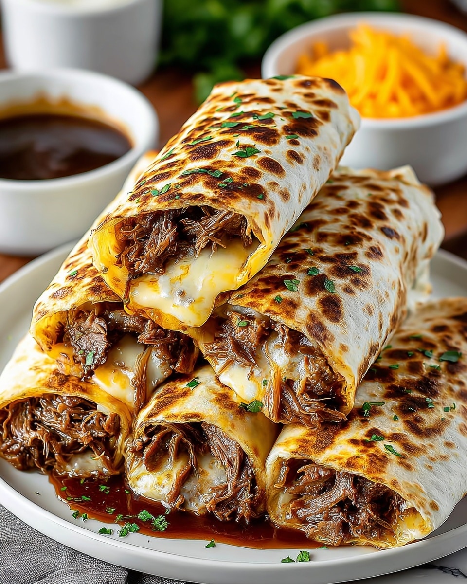 A white plate stacked with five rolled burritos, each with a golden brown, slightly charred tortilla wrap. The burritos are filled with tender, shredded beef and melted, creamy cheese that slightly oozes out from the ends. A few small green herb leaves are sprinkled on top for color. Behind the plate on a white marbled surface, there are two white bowls, one filled with dark brown sauce and the other with shredded orange cheese. Photo taken with an iphone --ar 4:5 --v 7
