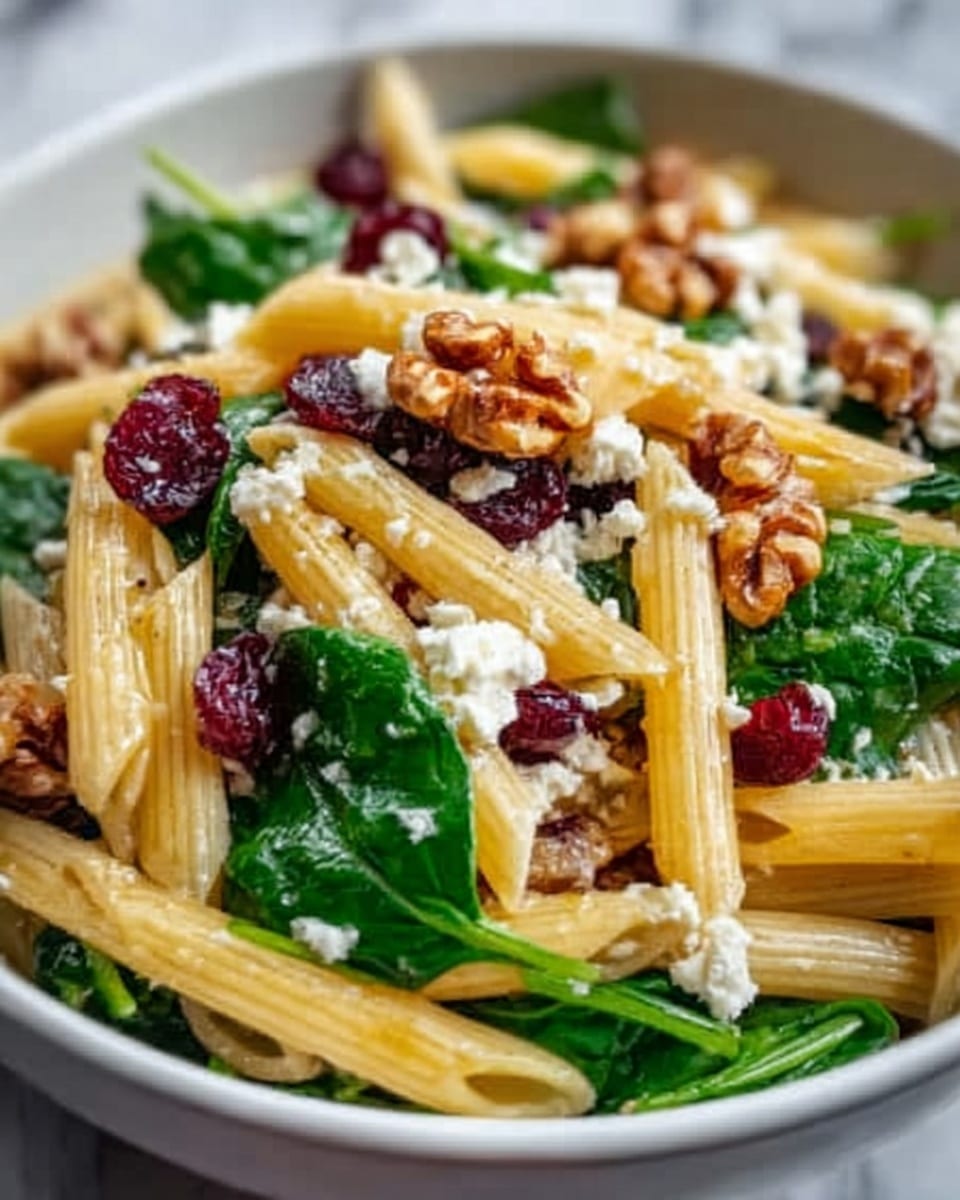 A white bowl filled with rigatoni pasta, showing a light yellow color and smooth texture, mixed with fresh green spinach leaves scattered evenly throughout. There are small chunks of white cheese sprinkled on top, along with brown walnut pieces and dark red dried cranberries, adding texture and contrasting colors. The ingredients are layered naturally, with the pasta as the main base, spinach and cheese mixed in, and walnuts and cranberries spread over the top. The bowl rests on a white marbled surface. photo taken with an iphone --ar 4:5 --v 7