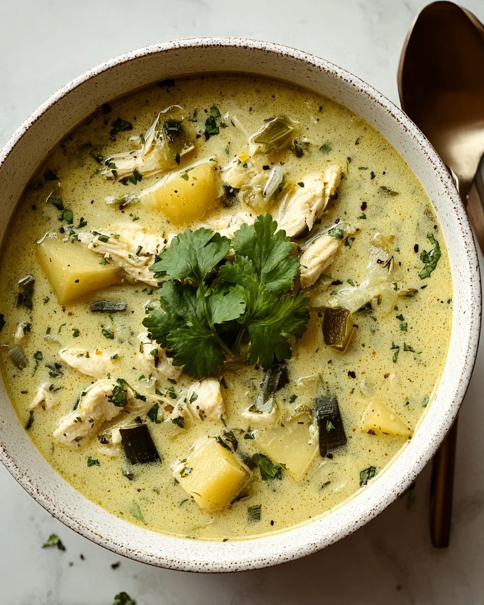 A close-up view of a bowl of creamy green chicken soup sitting on a white marbled surface with some cilantro leaves scattered around. The soup is in a speckled round bowl and consists of several layers: large chunks of white chicken meat are mixed with yellow potato pieces and dark green bits of herbs and vegetables floating in a smooth light green broth with visible herbs. A few fresh green cilantro leaves are placed on top as garnish near the center. A wooden spoon is partially visible to the upper right. photo taken with an iphone --ar 4:5 --v 7