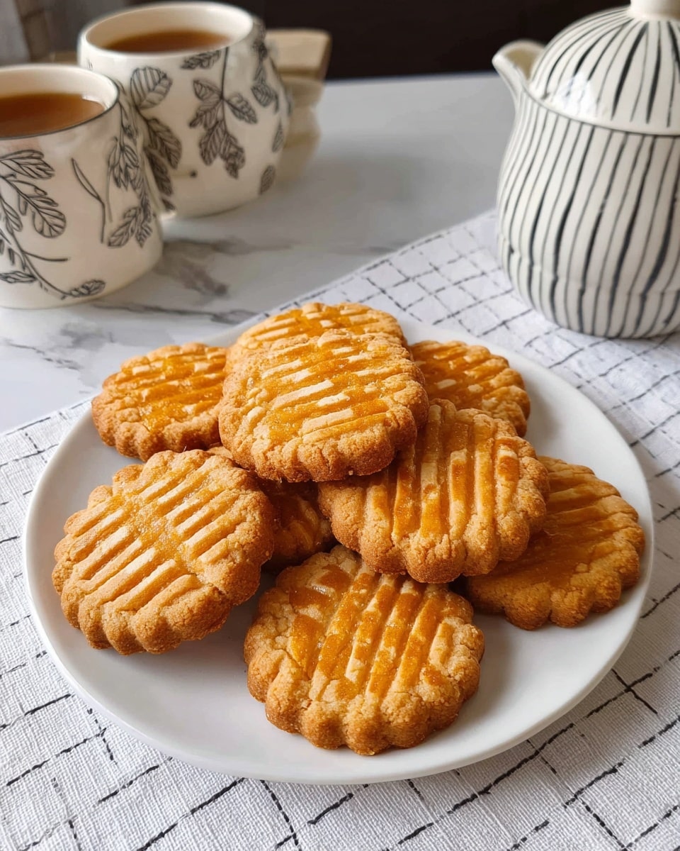 A white plate holds nine round golden brown cookies arranged in a circular shape, each cookie having a scalloped edge and a shiny, glossy surface with a pattern of three sets of parallel lines intersecting near the center. The cookies have a slightly crumbly texture visible at the edges. The plate is set on a white marbled textured tablecloth with a fine black grid pattern. In the background, there are three white mugs with black patterned leaves and stripes. photo taken with an iphone --ar 4:5 --v 7