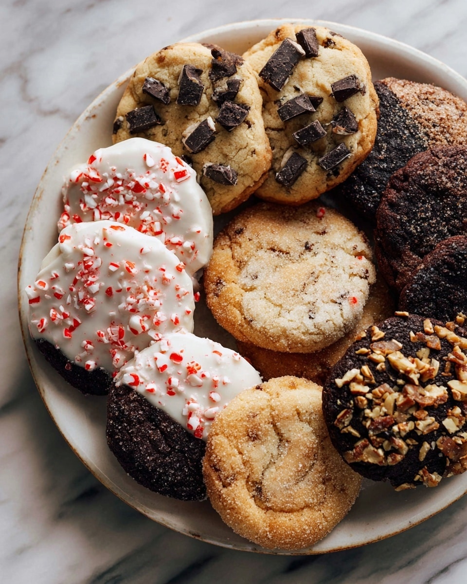 A close-up of a white plate piled with four types of cookies arranged randomly. The first group of cookies is light brown with dark chocolate chunks, showing a rough texture. The second group is dark brown, dipped halfway in white chocolate, topped with crushed red candy pieces, showing a smooth and shiny layer on top. The third group is light tan, sprinkled on top with cinnamon sugar crystals, having a slightly cracked surface. The fourth group is dark chocolate cookies covered with chopped nuts, adding a bumpy texture. All cookies are overlapping slightly on a white marbled surface. photo taken with an iphone --ar 4:5 --v 7