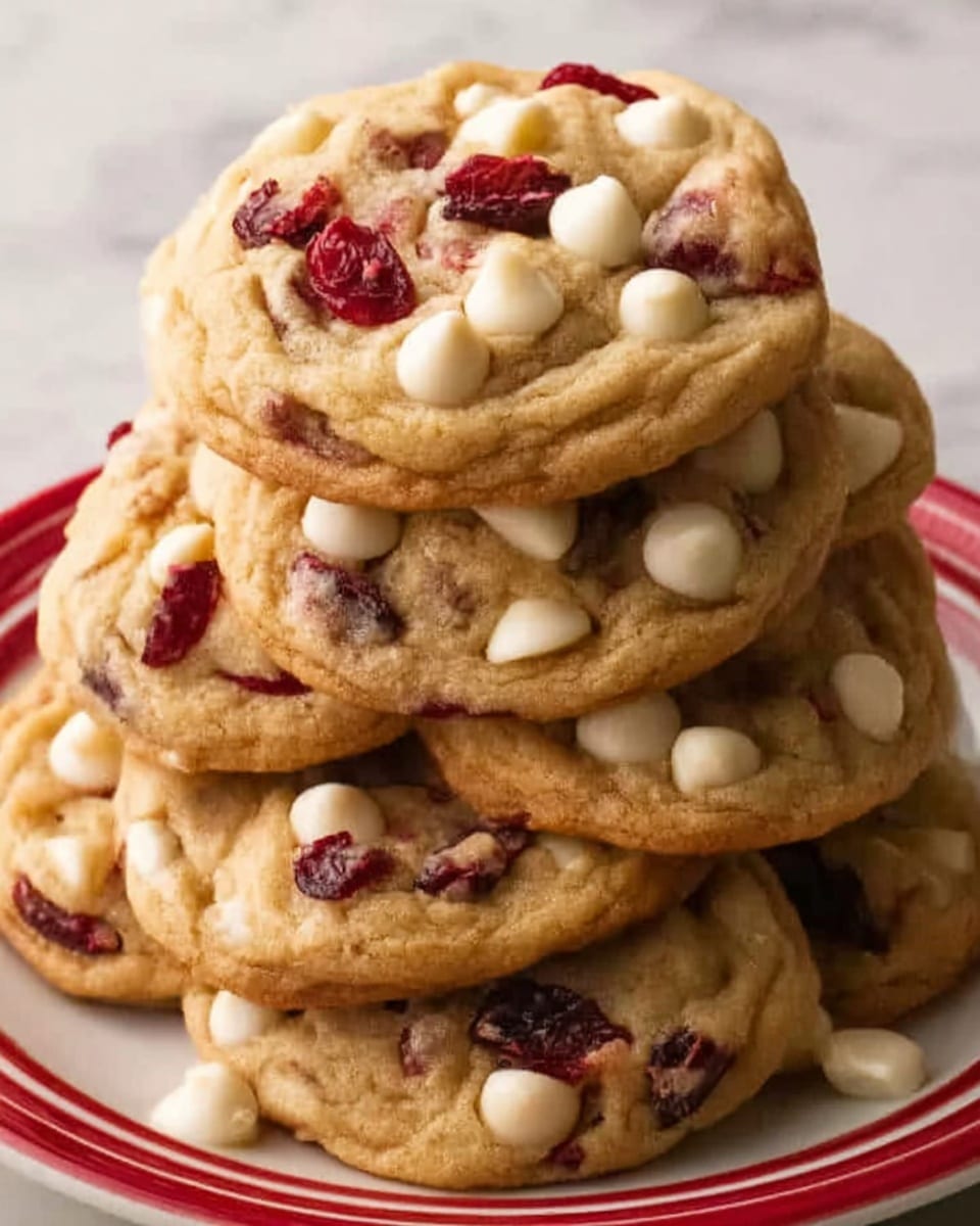A close-up image of a stack of thick cookies piled high on a white plate with a red rim, each cookie showing a soft, golden-brown color with a slightly cracked surface. The cookies are full of white chocolate chips and bright red dried cranberries, which add pops of white and red against the light tan dough. The cookies have soft edges and a chewy texture, with layers clearly visible as they overlap. The background is a white marbled surface, creating a clean and simple setting. Photo taken with an iphone --ar 4:5 --v 7