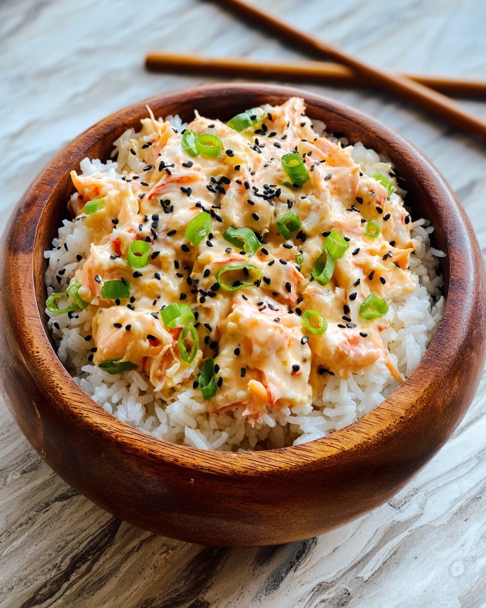 A wooden bowl filled with two layers, the bottom layer is white rice with a fluffy texture, and on top there is a creamy mixture of chopped orange and white pieces, possibly seafood or crab, all coated in a light orange sauce. The creamy layer is decorated with thin green sliced scallions and sprinkled evenly with small black sesame seeds. The bowl rests on a white marbled surface with light gray lines, and a pair of chopsticks with light wood and black tips are placed in the background. photo taken with an iphone --ar 4:5 --v 7