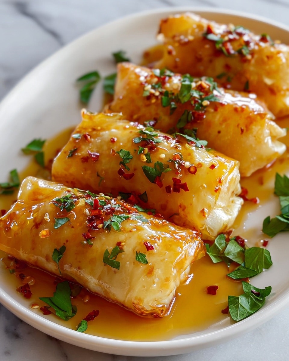 The image shows four golden, crispy rolls made from thin, flaky layers of pastry, arranged side by side on a white rectangular plate. Each roll is coated with a shiny, honey-like glaze that drips slightly around the edges. The rolls are sprinkled with small red flakes and fresh green herb leaves that add color contrast. The surface underneath the plate is a smooth white marble with faint grey veins, giving a clean and elegant look. photo taken with an iphone --ar 4:5 --v 7