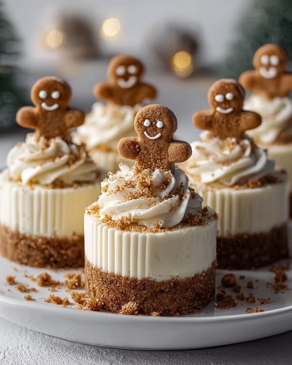 The image shows three mini cheesecakes on a white round plate set on a white marbled surface. Each cheesecake has two clear layers: a bottom layer of crumbly brown gingerbread crust and a top thick layer of smooth creamy white cheesecake. On top of each cheesecake, there is a swirl of white whipped cream, sprinkled with crumbled gingerbread bits. A small gingerbread cookie shaped like a smiling person stands upright in the whipped cream on each cake. The background is softly blurred with warm light circles, giving a cozy feel. Photo taken with an iphone --ar 4:5 --v 7