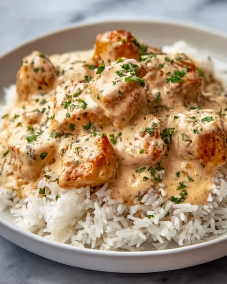 A white plate with a layer of white rice at the bottom, topped with chunks of chicken covered in a creamy orange sauce. The chicken pieces have a slightly browned texture, and the sauce looks smooth and thick. Small green herb pieces are sprinkled on top, adding some color contrast. The dish is on a white marbled surface. Photo taken with an iphone --ar 4:5 --v 7