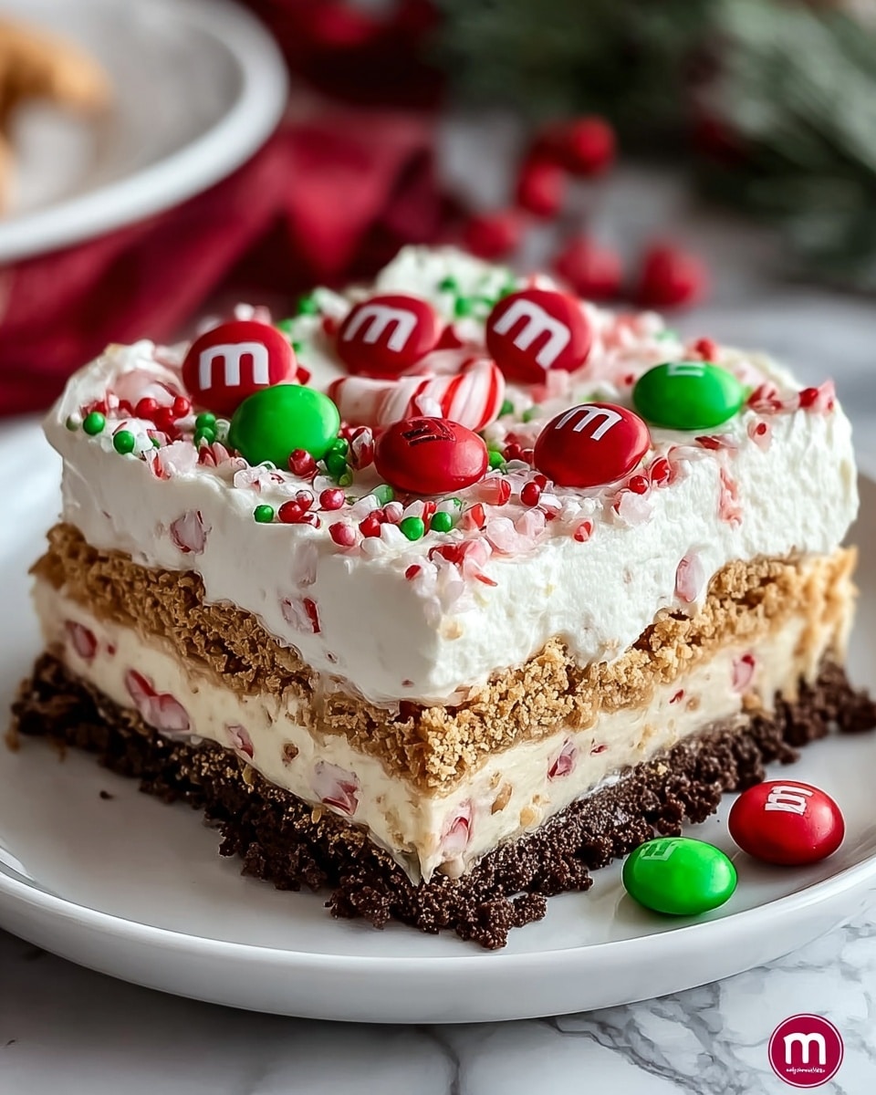 A square layered dessert sits on a white plate with a white marbled surface underneath, featuring four distinct layers from bottom to top: a dark, crumbly chocolate base, a creamy white layer with small pink streaks, a light brown crumbly layer, and a thick, fluffy white cream topping. The dessert is decorated on top with red and green small round sprinkles along with several red candy pieces. Extra red and green candies are scattered around the plate alongside a sandwich cookie. The background shows blurred lights in warm tones, giving a cozy feel. photo taken with an iphone --ar 4:5 --v 7