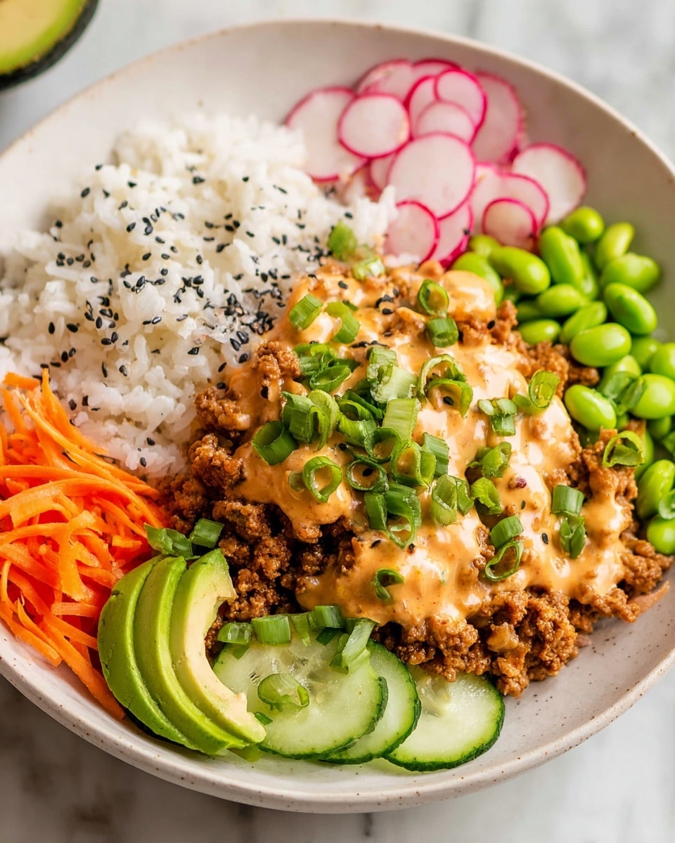 A white bowl filled with several layers of food starting with a base of white rice sprinkled with black sesame seeds on the left side, followed by a layer of cooked ground meat covered with a creamy orange sauce in the center. Small pieces of chopped green onions are scattered on top of the meat and sauce. Surrounding these, from left to right, are slices of light green avocado, bright green edamame beans, thin red radish slices, shredded orange carrots, and sliced light green cucumbers, all arranged carefully around the edge of the bowl. The background is a white marbled texture. Photo taken with an iphone --ar 4:5 --v 7