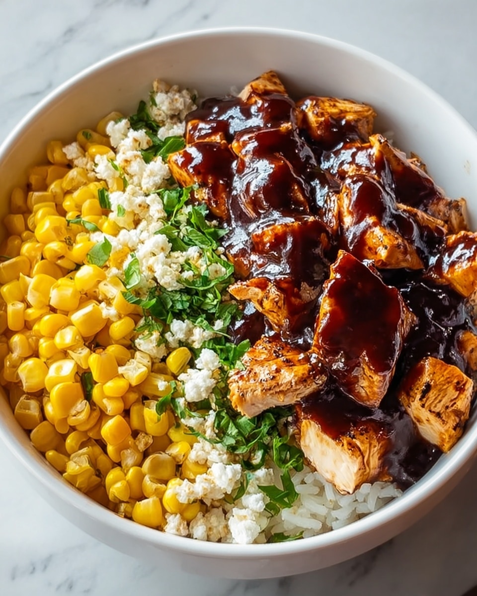 The image shows a white bowl filled with three main layers. The base layer is fluffy white cottage cheese, covering the whole bottom of the bowl with a soft texture. On the right side, there are pieces of grilled chicken coated in a shiny dark brown sauce, layered on top of the cottage cheese. The chicken pieces have a slightly charred look and rich glaze. On the left side, bright yellow corn kernels are placed neatly, topped with small pieces of green herbs for color contrast. The bowl sits on a white marbled surface. Photo taken with an iphone --ar 4:5 --v 7