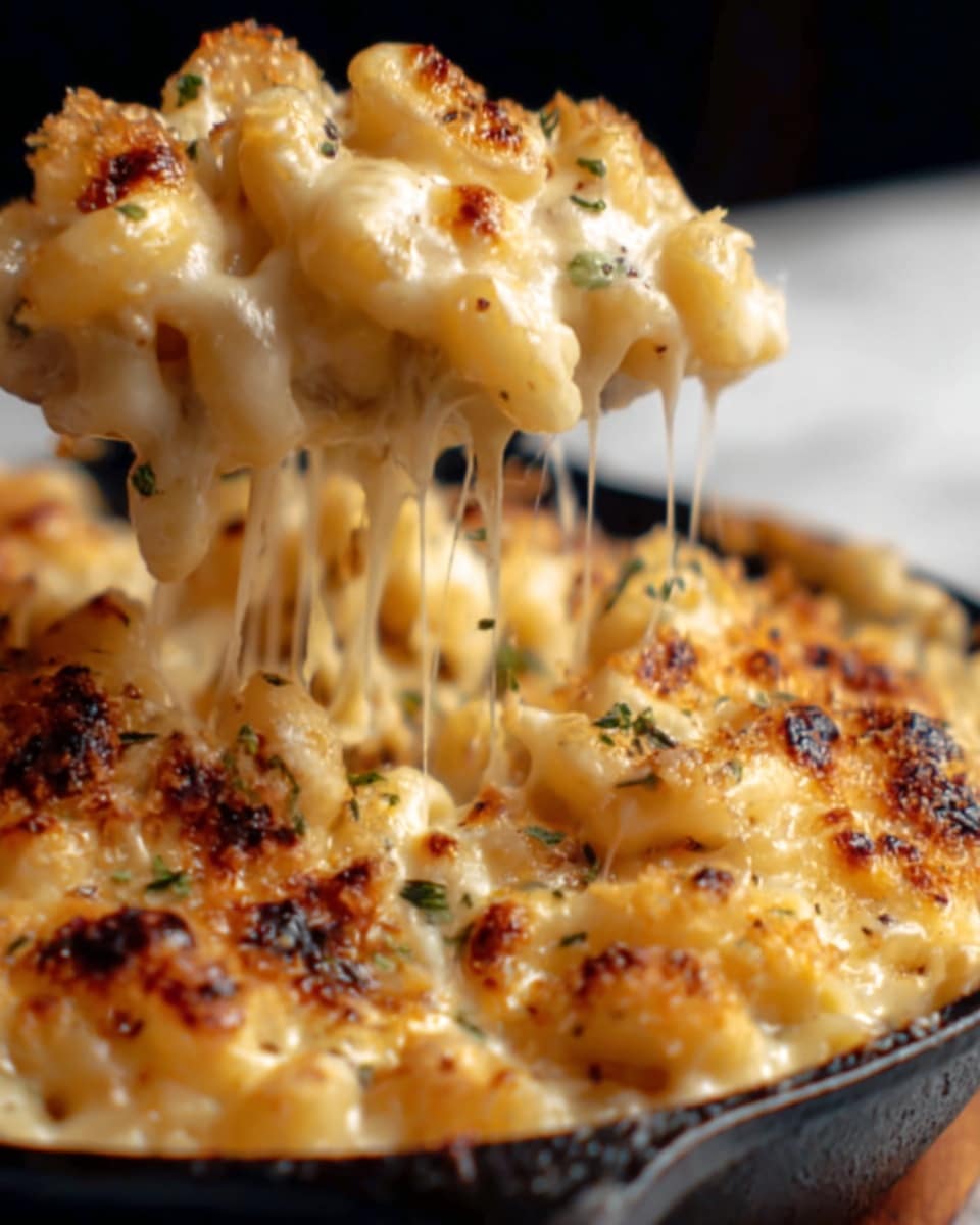 The image shows a close-up of mac and cheese in a black skillet, with melted cheese stretching as someone lifts a portion. The top layer is golden and bubbly melted cheese with brown spots, full of gooey texture. Below that, you see creamy, soft pasta coated in rich, cheesy sauce with hints of herbs sprinkled on top. The photo focuses on the warm, stretchy cheese pulling away from the pasta. The background is a white marbled texture. Photo taken with an iphone --ar 4:5 --v 7