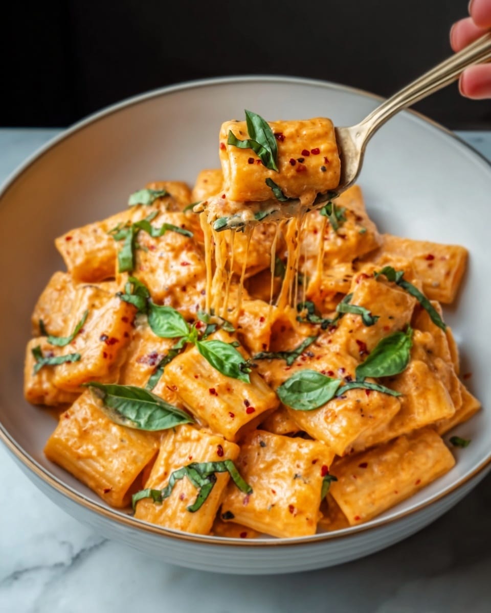 A white bowl filled with rigatoni pasta covered in a thick, creamy orange sauce with bits of herbs and red spices visible. The pasta tubes are well coated, piled in the bowl with folded fresh green basil leaves scattered on top for color contrast. A silver fork held by a woman's hand lifts a forkful of pasta, showing the sauce stretching slightly as it pulls away. The background is a white marbled texture. photo taken with an iphone --ar 4:5 --v 7