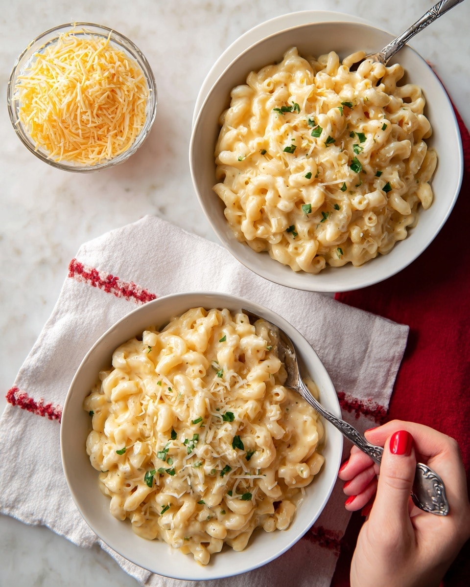 The image shows two white bowls filled with creamy macaroni and cheese, each bowl topped with small pieces of chopped green herbs and a light sprinkle of shredded cheese. The macaroni is small and curved, coated in a rich, pale yellow cheese sauce that looks smooth and thick. A spoon with a red handle rests in each bowl, with a woman's hand holding the spoon in the top bowl. To the left, there is a small clear glass bowl filled with more shredded cheese. All items sit on a white napkin with a red edge, placed on a white marbled textured surface. photo taken with an iphone --ar 4:5 --v 7