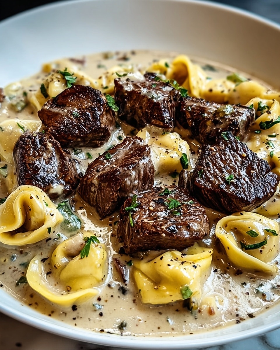 A close-up view of a white plate on a white marbled surface filled with layers of creamy beige sauce at the bottom, followed by a layer of yellow tortellini pasta with smooth, slightly shiny texture, folded in ring shapes. On top, there are thick, browned beef pieces with grill marks, coated unevenly with more creamy sauce, sprinkled with small green parsley flakes and black pepper bits. The dish shows rich contrast between the dark meat, pale sauce, and light pasta, creating a hearty, rustic look. photo taken with an iphone --ar 4:5 --v 7