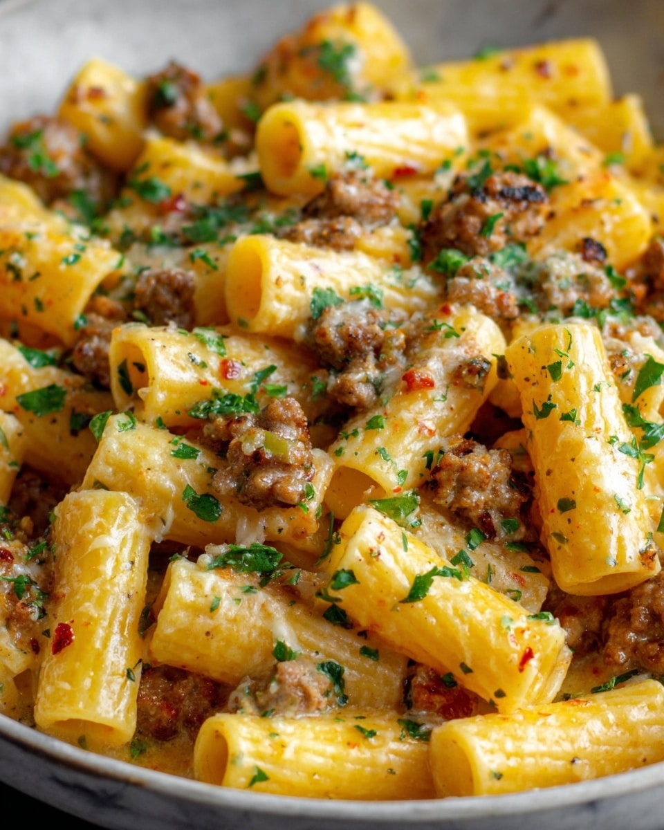A close-up view of cooked rigatoni pasta mixed evenly with a creamy sauce, ground meat, and small bits of red tomatoes throughout. The rigatoni tubes are pale yellow, coated with the creamy sauce that has a light beige color. Small green herb pieces are sprinkled on top, adding contrast. The pasta fills a white bowl, resting on a white marbled surface. photo taken with an iphone --ar 4:5 --v 7