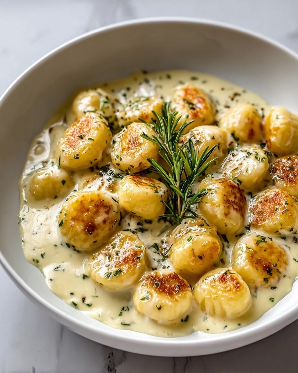 A white bowl filled with small round gnocchi pieces, each golden brown on top with crisp edges. The gnocchi are covered in a creamy, pale yellow sauce sprinkled with tiny green herbs. In the center, a fresh sprig of green rosemary stands vertically, adding a touch of color and freshness. The sauce looks smooth and slightly thick, pooling around the gnocchi, contrasting with their browned texture. The bowl sits on a white marbled surface, with soft natural light highlighting the glossy cream and browned gnocchi. photo taken with an iphone --ar 4:5 --v 7