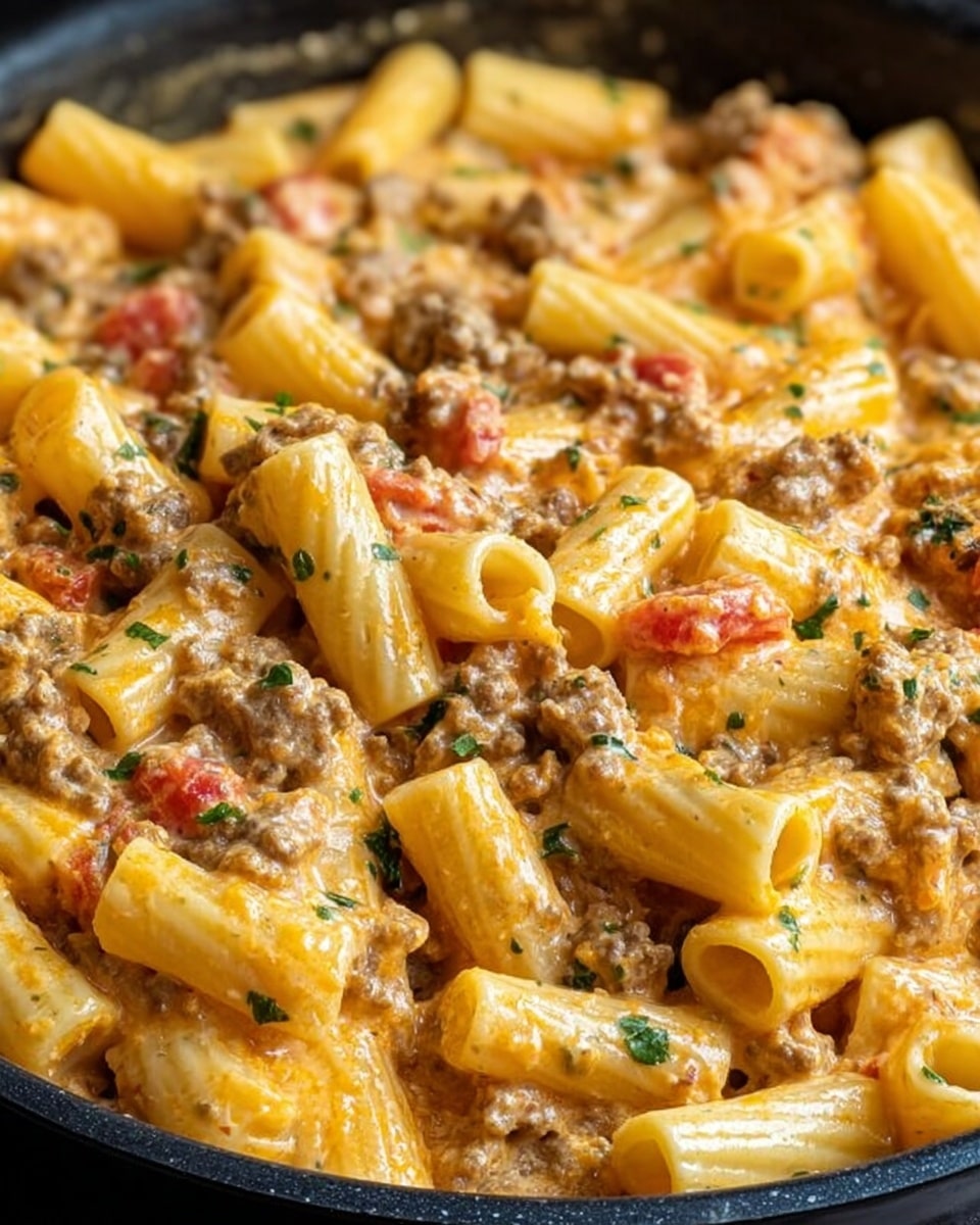 The image shows a close-up of rigatoni pasta cooked with a creamy sauce mixed with ground meat and small tomato pieces. Each rigatoni is light yellow with smooth ridges, covered evenly with a light orange creamy sauce that has a soft texture. Bits of cooked ground meat are scattered throughout, offering a brown color with a crumbly texture. Small pieces of red tomato add contrast, while green herb flakes are lightly sprinkled on top for color and detail. The dish is set in a black pan placed on a white marbled surface. photo taken with an iphone --ar 4:5 --v 7