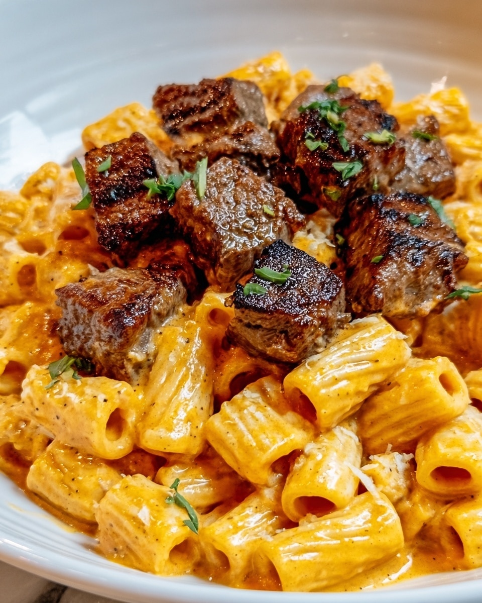 The image shows a close-up of a white plate filled with rigatoni pasta covered in a creamy orange sauce. On top of the pasta, there are several small pieces of grilled meat, browned with char marks, giving a juicy texture. The pasta looks creamy and smooth with small bits of green herbs sprinkled over it, adding a fresh touch. The background is a white marbled surface. photo taken with an iphone --ar 4:5 --v 7