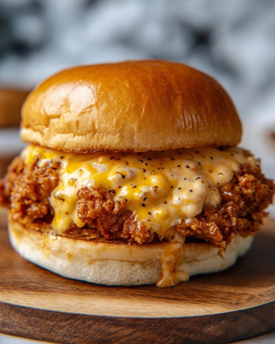A close-up view of a fried chicken sandwich with three main layers. The bottom layer is a soft, white sandwich bun with a smooth texture. On top of the bun is a thick, crispy fried chicken fillet golden-brown in color, covered in creamy, melted cheese sauce that is light yellow with some darker spots of pepper seasoning scattered on top. The top layer is a soft, shiny golden-brown sandwich bun that slightly presses down the cheese and chicken, making the sauce ooze a little over the edges. The sandwich sits on a dark wooden surface with a white marbled texture background. Photo taken with an iphone --ar 4:5 --v 7