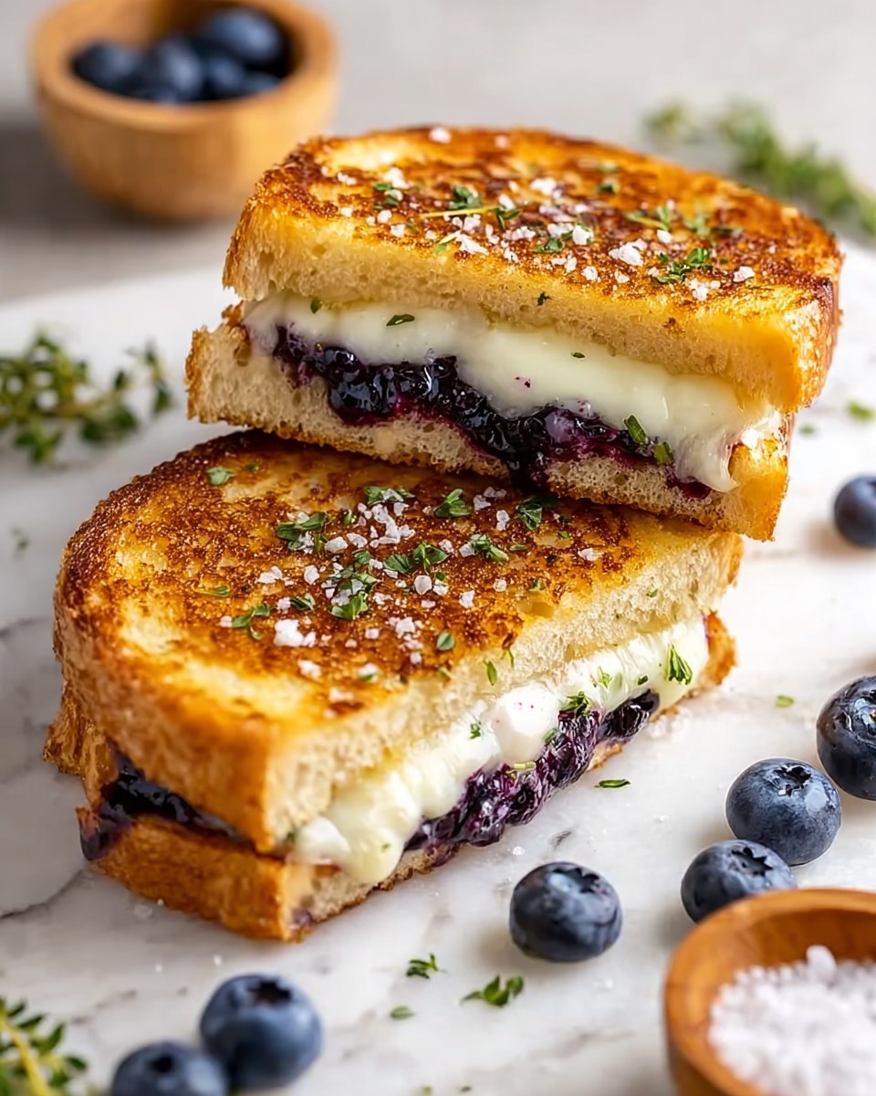 Two grilled sandwich halves rest on white parchment over a white marbled surface, showing three layers inside each: the top and bottom layers are golden-brown toasted bread with textured crusts and visible oats, and the middle layer has melted creamy cheese blending with dark purple blueberries. The top of each sandwich half is sprinkled with coarse sea salt crystals and small fresh green thyme sprigs. Around the sandwiches are scattered whole blueberries and fresh thyme leaves. In the background, there are wooden bowls filled with blueberries and coarse salt. photo taken with an iphone --ar 4:5 --v 7