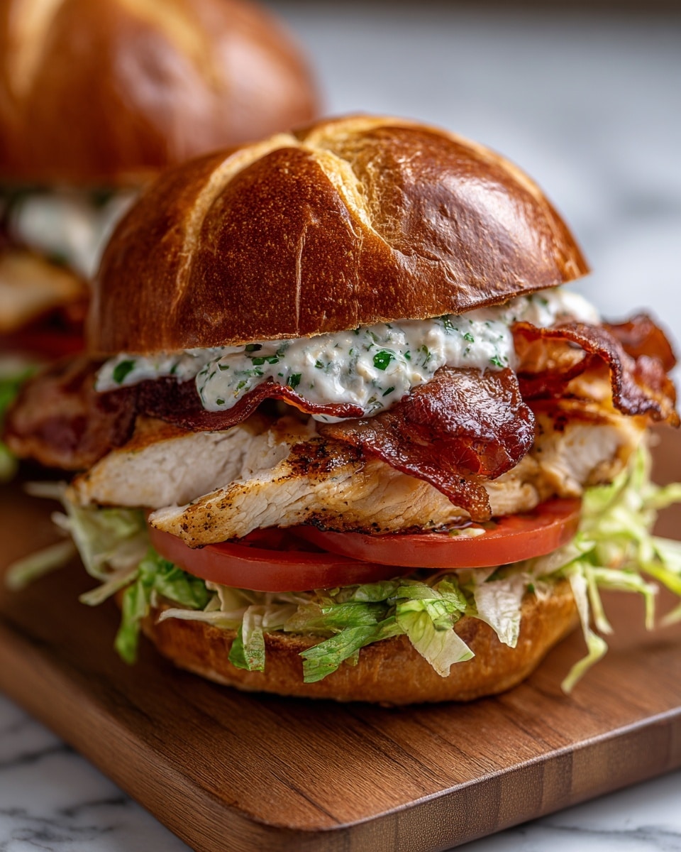 A close-up of a sandwich on a wooden board, showing four layers: the bottom layer is shredded green lettuce, above it is a slice of red tomato, followed by a thick piece of grilled chicken with a golden brown char, topped with a creamy white sauce with green herbs, and crispy dark brown bacon strips on top, all held together by a shiny, golden brown crusty bun with a textured surface and light flour dusting. Another sandwich is blurred in the background, adding depth. The whole scene sits on a white marbled texture. photo taken with an iphone --ar 4:5 --v 7