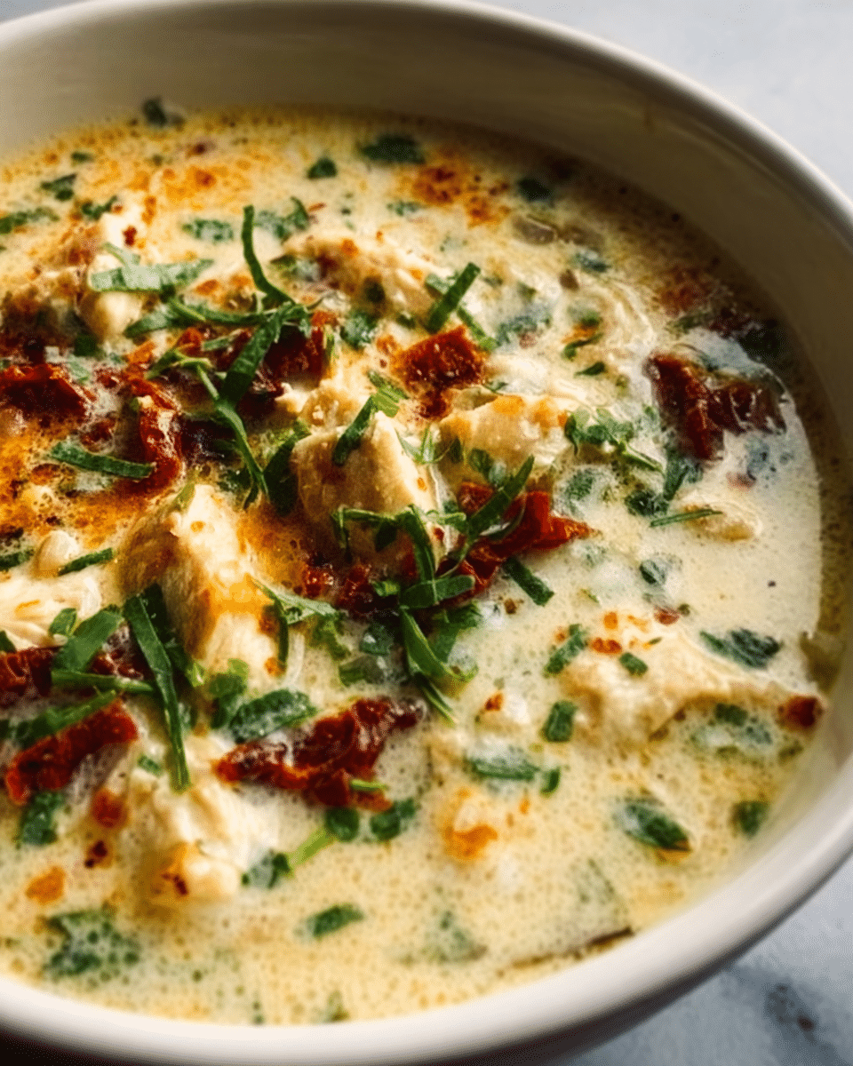 A creamy soup served in a white bowl, filled with layers of light yellow broth mixed with green herbs. On top, there are pieces of golden-brown chicken with a crispy texture, scattered with small bits of red sun-dried tomatoes and fresh green herbs. The soup looks thick and rich, with creamy swirls and tiny bubbles visible. The bowl is placed on a white marbled surface. photo taken with an iphone --ar 4:5 --v 7