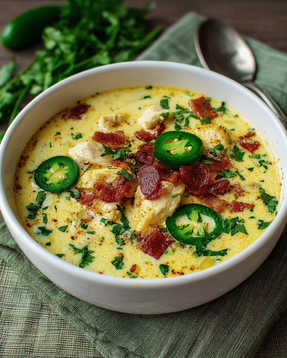 A white bowl filled with creamy soup showing multiple layers: a thick light yellow broth with pieces of white cooked chicken floating in it, topped with bright green sliced jalapeños, crispy dark red bacon bits clustered in the center, and small chopped green herbs sprinkled over the whole surface. The bowl sits on a green and gray folded cloth on a white marbled texture, with a silver spoon placed beside it. In the background, extra jalapeño slices and scattered green herbs add depth. photo taken with an iphone --ar 4:5 --v 7
