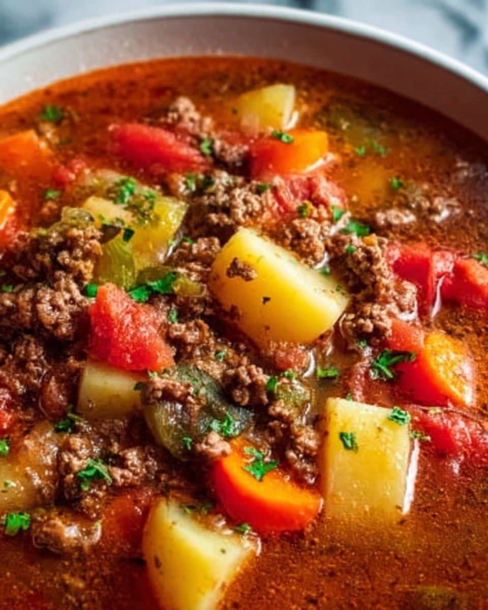 The image shows a close-up of a vegetable and beef stew in a white bowl, filled with chunky pieces of tender ground beef, large yellow potato chunks, and bright orange carrot slices submerged in a rich brown broth with visible bits of green herbs sprinkled on top. The colors are warm and inviting, with the textured beef and soft vegetables blending well in the savory liquid. The background features a white marbled surface, making the stew the clear focus of the image. Photo taken with an iphone --ar 4:5 --v 7