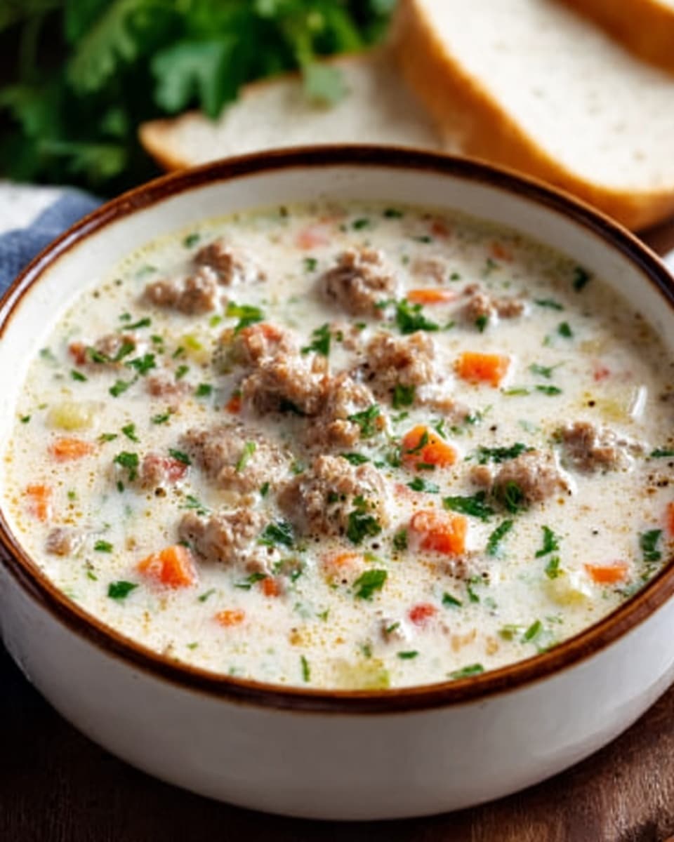 A white bowl filled with creamy soup that has a light beige color base, mixed with small chunks of browned sausage, sliced orange carrots, yellow corn kernels, and green herbs scattered throughout. The soup’s texture looks rich and thick, with visible bits of meat and vegetables floating near the surface. The bowl sits on a round wooden board, and the background shows a white marbled surface with blurred slices of bread and a lemon wedge. Photo taken with an iphone --ar 4:5 --v 7