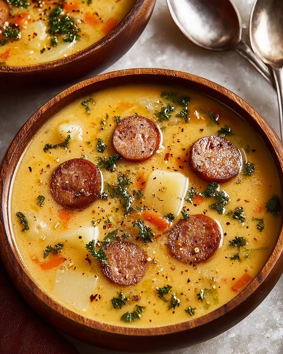 The image shows a bowl of thick, creamy yellow soup with chunks of white potatoes and orange carrots evenly mixed throughout. There are several round slices of browned sausage floating on top, along with scattered bright green parsley leaves and a light sprinkling of black pepper. The soup is served in a brown wooden bowl placed on a white marbled surface. Another similar bowl is partially visible in the background, along with two silver spoons. The lighting highlights the smooth texture of the soup and the fresh appearance of the ingredients. photo taken with an iphone --ar 4:5 --v 7