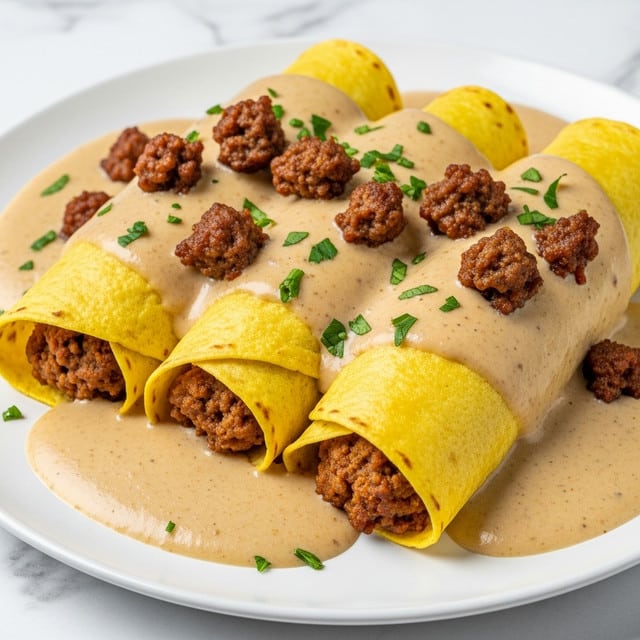 The dish shows three rolled yellow tortillas filled with a brown, crumbly meat mixture. These stuffed tortillas are arranged side by side on a white plate, covered in a thick, creamy beige sauce that pools slightly on the plate. Small chunks of browned meat are visible on top of the sauce, along with scattered sprinkles of chopped green herbs for garnish. The edges of the tortillas have a soft, slightly folded texture with a light sheen from the sauce. The plate sits on a white marbled surface. photo taken with an iphone --ar 4:5 --v 7