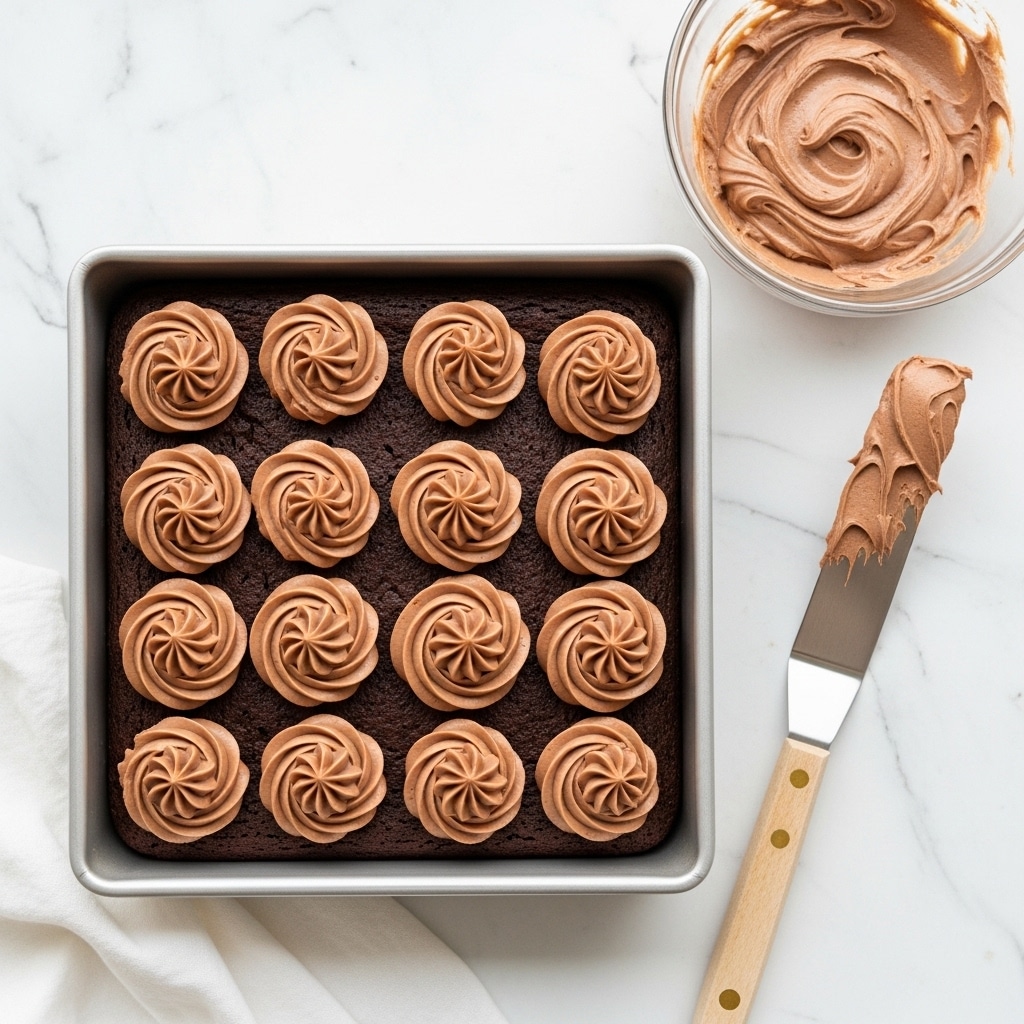 A square dark brown chocolate cake sits in a silver baking pan on a white marbled surface. On top of the cake, there are 10 thick, smooth dollops of light brown chocolate frosting, each shaped like a swirl with a glossy texture. To the top right of the pan, there is a clear glass bowl filled with more light brown chocolate frosting, showing a smooth, soft texture. Below and to the right of the baking pan, a spatula with a light wooden handle and dark gray blade has small smears of chocolate frosting on it. A white cloth is partially visible beneath the bottom left corner of the pan. photo taken with an iphone --ar 4:5 --v 7