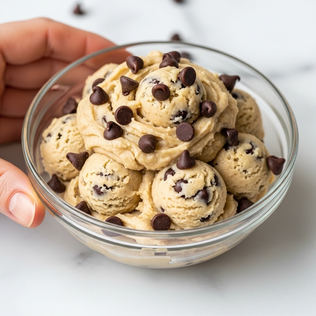 The image shows a small clear glass bowl filled with thick, creamy cookie dough. The dough is light beige with a smooth, slightly rough texture made by many dark brown chocolate chips mixed inside. More chocolate chips are scattered and pressed on top of the dough, giving a bumpy look. The bowl is placed on a white marbled surface, and part of a woman's hand is lightly touching the bowl on the side. The lighting is soft, making the dough look fresh and appetizing. Photo taken with an iphone --ar 4:5 --v 7