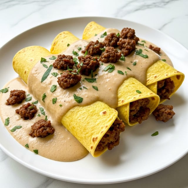Three rolled yellow tortillas filled with crumbly browned meat sit side by side in a shallow pool of thick beige gravy on a white plate. The gravy covers the top of the tortillas and drips onto the plate, with small bits of meat visible on top and sprinkled finely chopped green herbs. The tortillas have a soft texture, with a slightly curled edge, and the dish rests on a white marbled surface. photo taken with an iphone --ar 4:5 --v 7